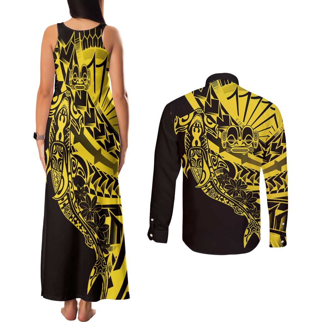 Yellow Marquesas Islands Couples Matching Tank Maxi Dress and Long Sleeve Button Shirt Marquesan Matatiki Hammerhead Shark Patutiki LT14 - Polynesian Pride