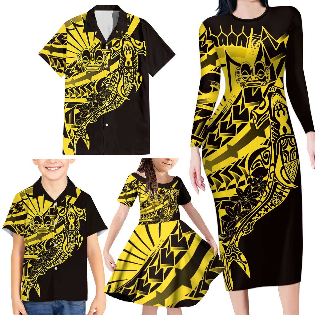 Yellow Marquesas Islands Family Matching Long Sleeve Bodycon Dress and Hawaiian Shirt Marquesan Matatiki Hammerhead Shark Patutiki LT14 - Polynesian Pride