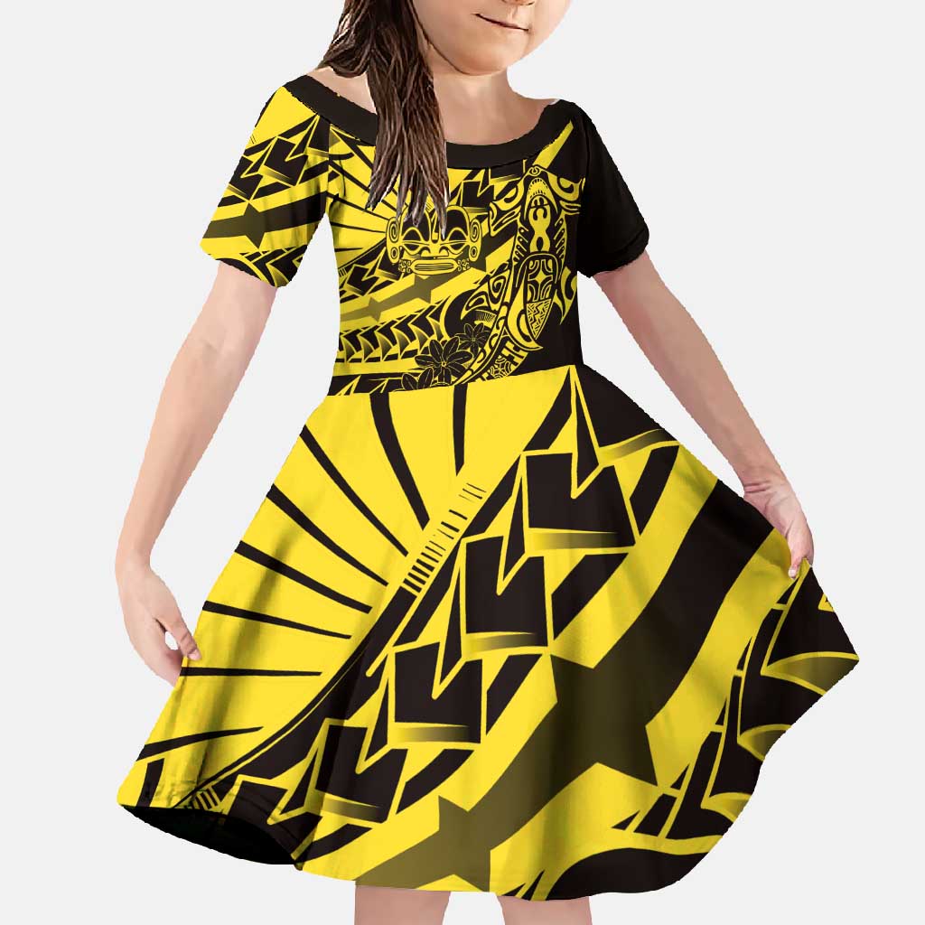 Yellow Marquesas Islands Family Matching Mermaid Dress and Hawaiian Shirt Marquesan Matatiki Hammerhead Shark Patutiki LT14 Daughter's Dress Yellow - Polynesian Pride