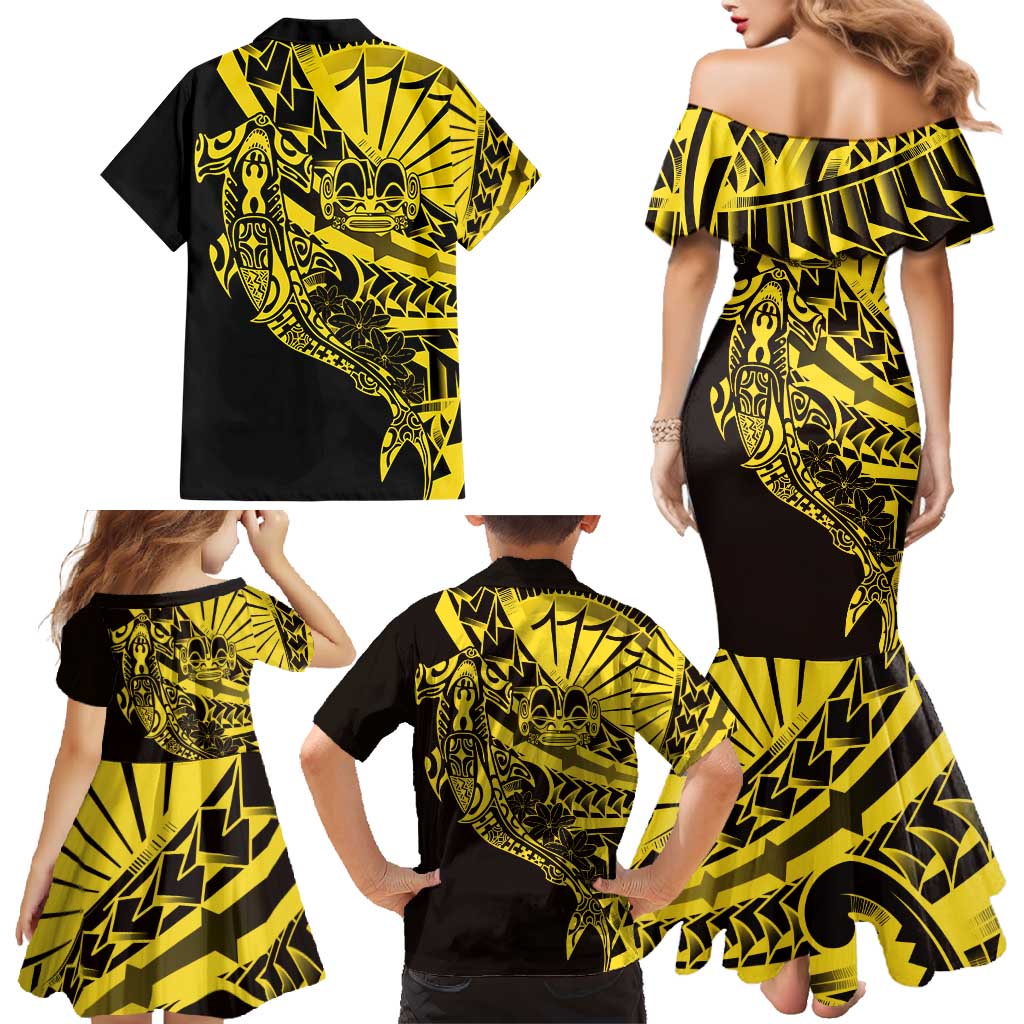 Yellow Marquesas Islands Family Matching Mermaid Dress and Hawaiian Shirt Marquesan Matatiki Hammerhead Shark Patutiki LT14 - Polynesian Pride