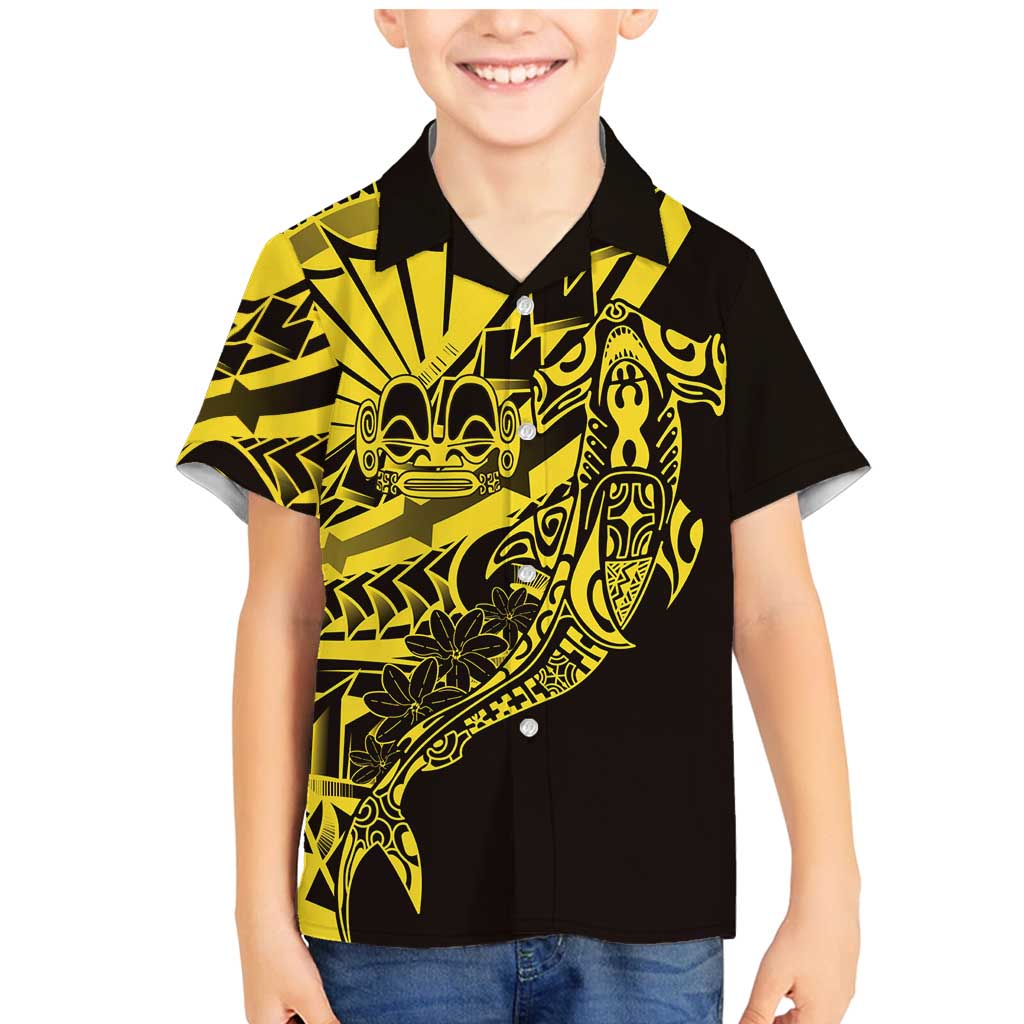 Yellow Marquesas Islands Family Matching Mermaid Dress and Hawaiian Shirt Marquesan Matatiki Hammerhead Shark Patutiki LT14 Son's Shirt Yellow - Polynesian Pride