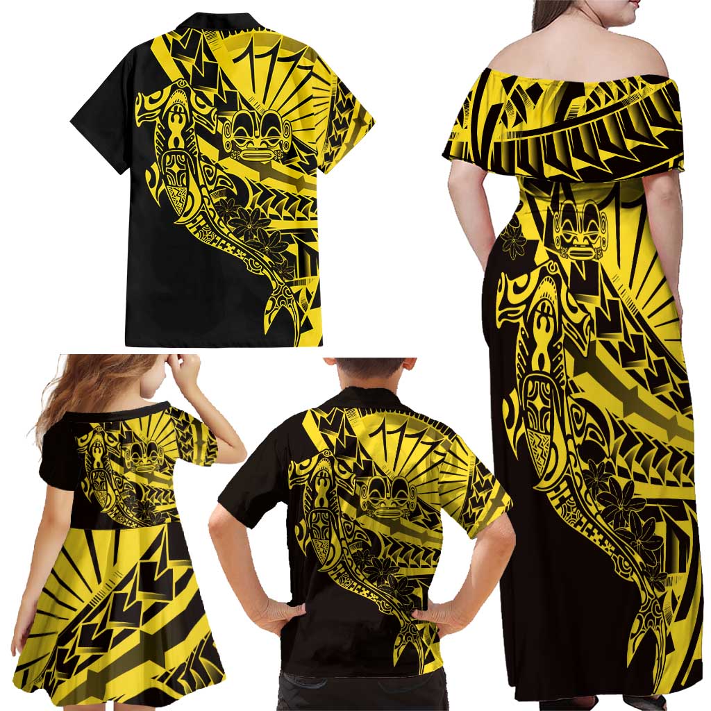 Yellow Marquesas Islands Family Matching Off Shoulder Maxi Dress and Hawaiian Shirt Marquesan Matatiki Hammerhead Shark Patutiki - Polynesian Pride