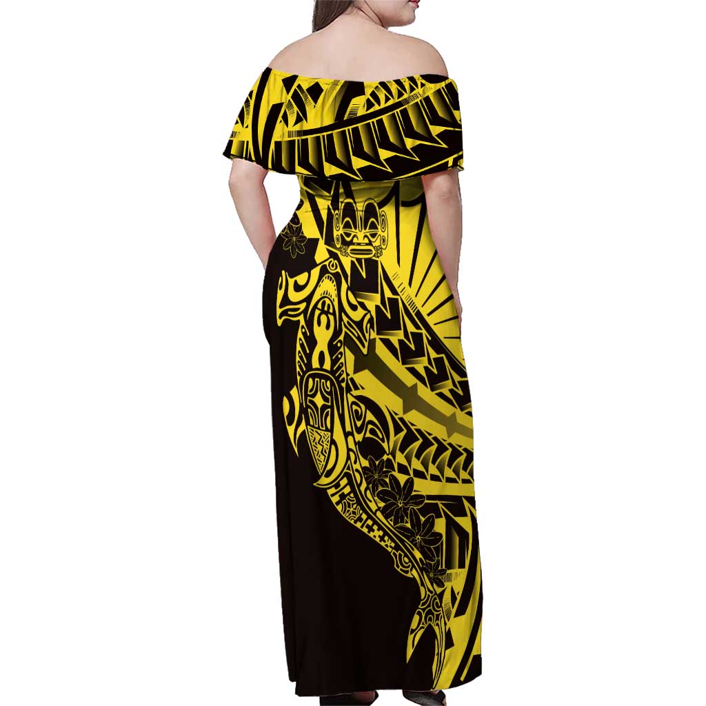 Yellow Marquesas Islands Family Matching Off Shoulder Maxi Dress and Hawaiian Shirt Marquesan Matatiki Hammerhead Shark Patutiki - Polynesian Pride