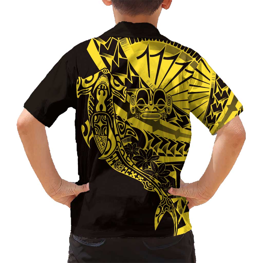 Yellow Marquesas Islands Family Matching Short Sleeve Bodycon Dress and Hawaiian Shirt Marquesan Matatiki Hammerhead Shark Patutiki LT14 - Polynesian Pride