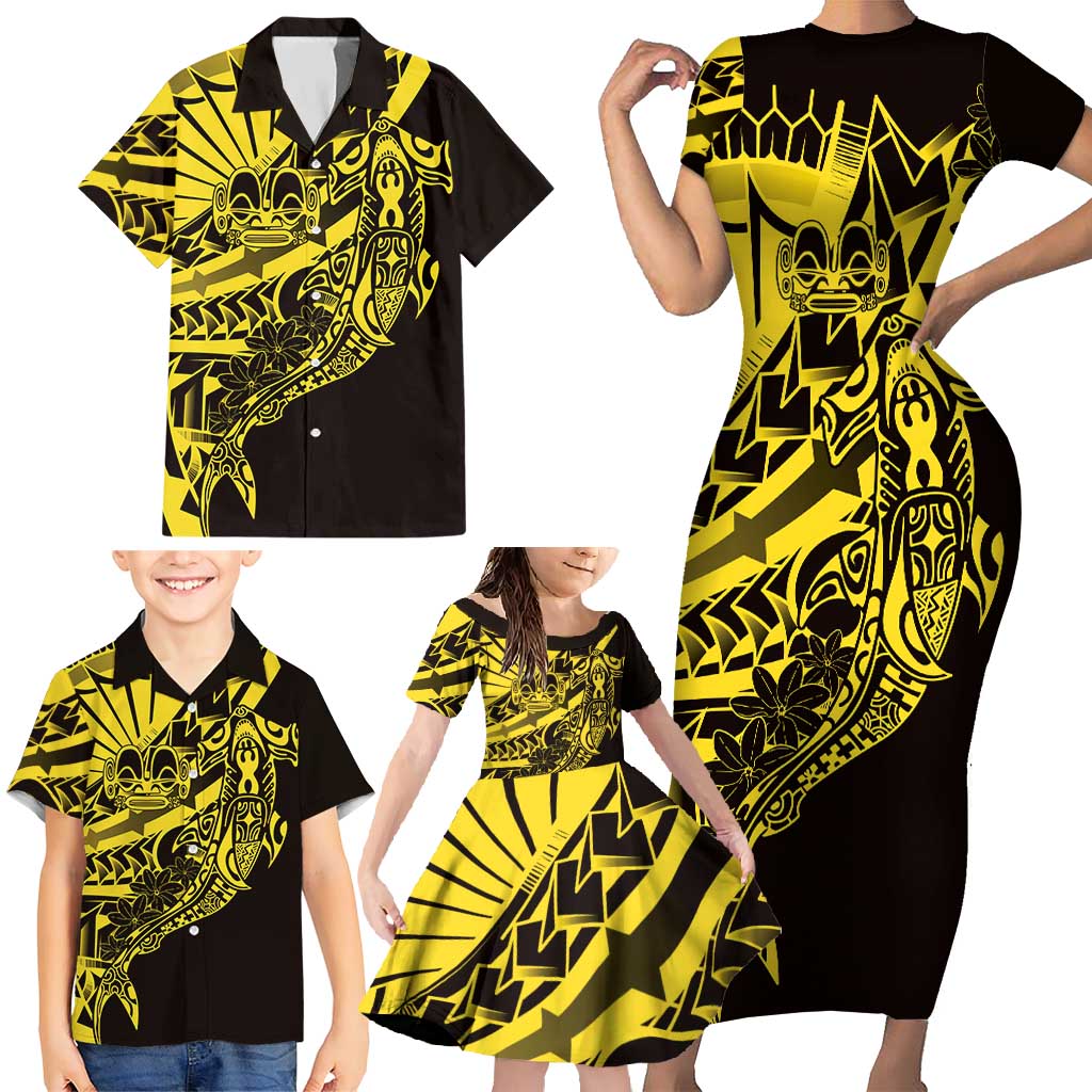 Yellow Marquesas Islands Family Matching Short Sleeve Bodycon Dress and Hawaiian Shirt Marquesan Matatiki Hammerhead Shark Patutiki - Polynesian Pride