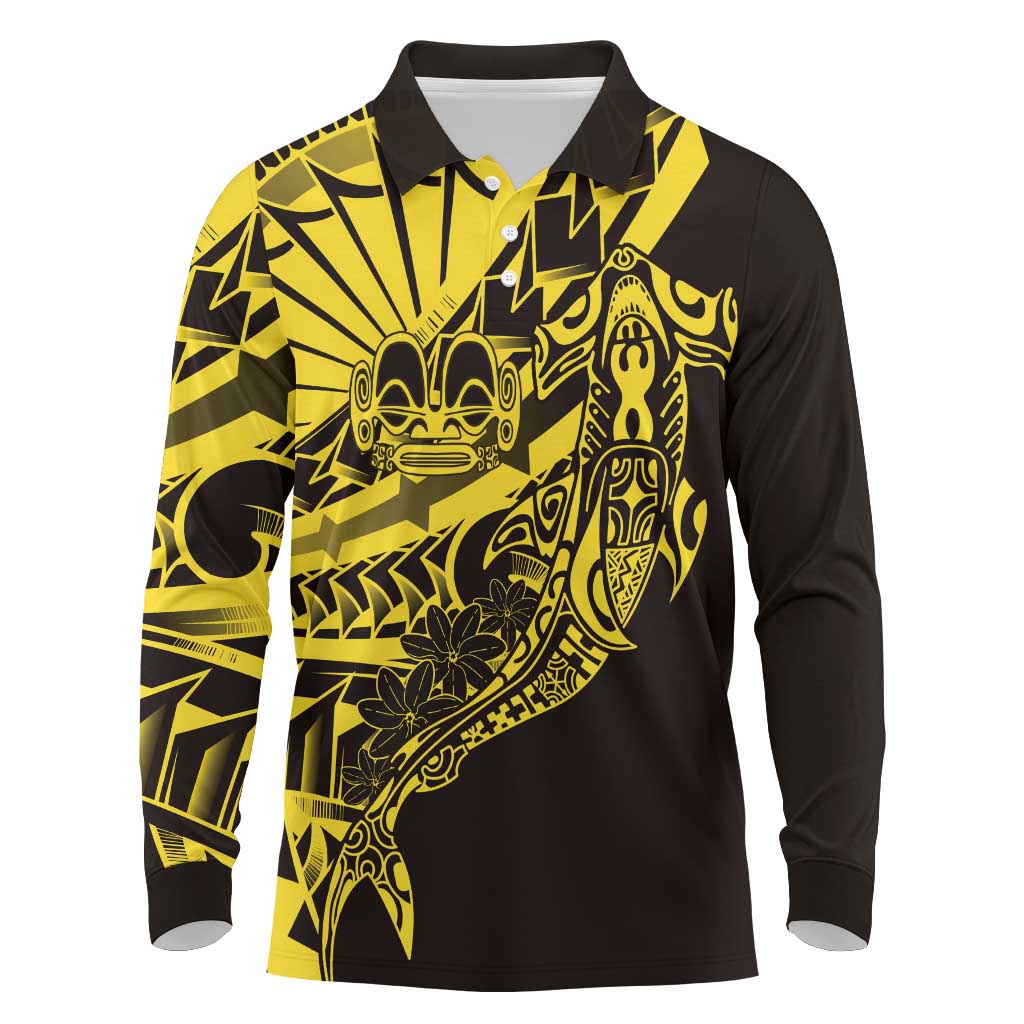Yellow Marquesas Islands Long Sleeve Polo Shirt Marquesan Matatiki Hammerhead Shark Patutiki - Polynesian Pride