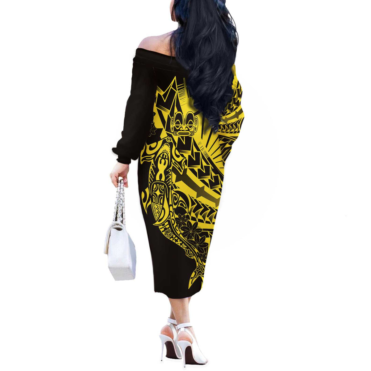 Yellow Marquesas Islands Off The Shoulder Long Sleeve Dress Marquesan Matatiki Hammerhead Shark Patutiki LT14 - Polynesian Pride