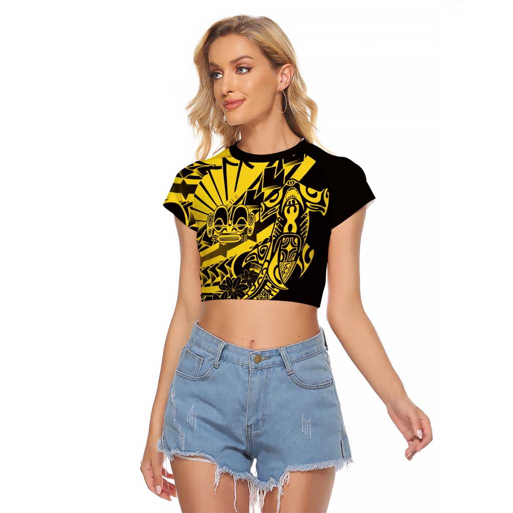 Yellow Marquesas Islands Raglan Cropped T Shirt Marquesan Matatiki Hammerhead Shark Patutiki - Polynesian Pride