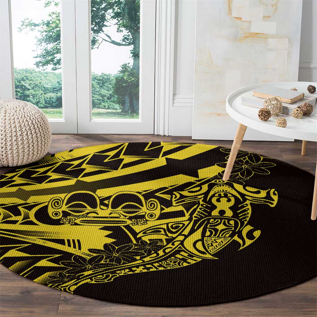 Yellow Marquesas Islands Round Carpet Marquesan Matatiki Hammerhead Shark Patutiki - Polynesian Pride