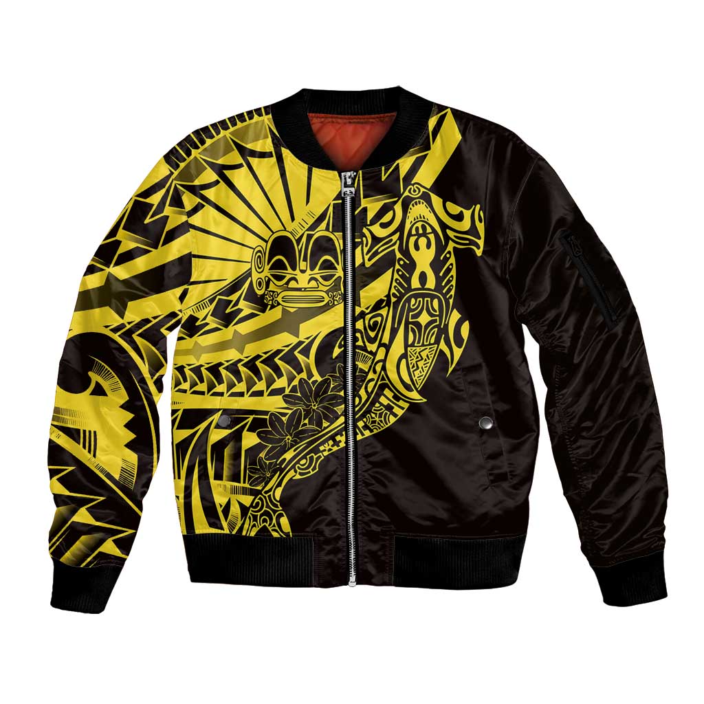 Yellow Marquesas Islands Sleeve Zip Bomber Jacket Marquesan Matatiki Hammerhead Shark Patutiki - Polynesian Pride