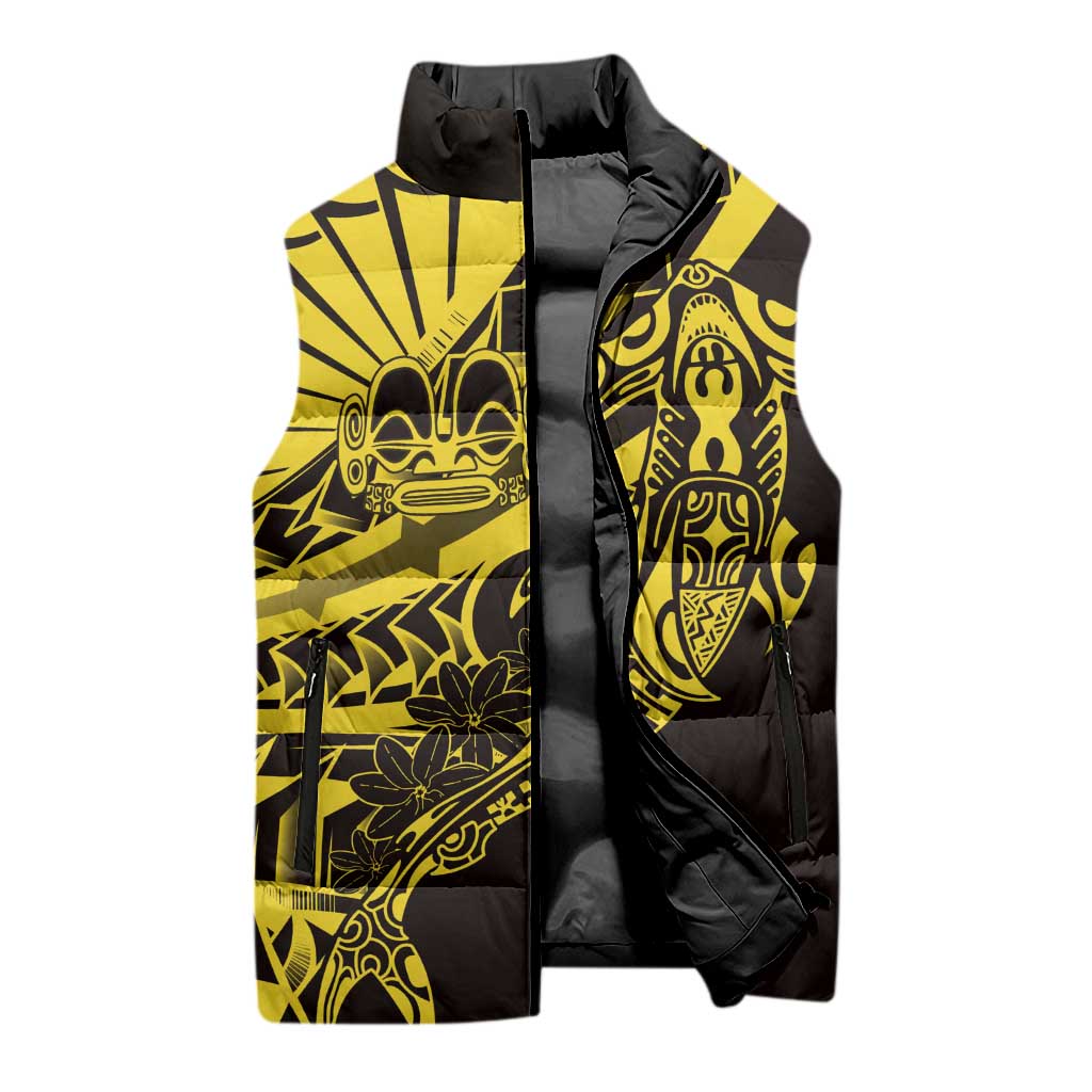 Yellow Marquesas Islands Sleeveless Puffer Jacket Marquesan Matatiki Hammerhead Shark Patutiki LT14 - Polynesian Pride