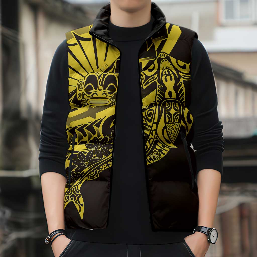 Yellow Marquesas Islands Sleeveless Puffer Jacket Marquesan Matatiki Hammerhead Shark Patutiki LT14 - Polynesian Pride