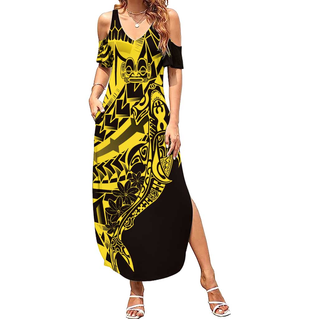 Yellow Marquesas Islands Summer Maxi Dress Marquesan Matatiki Hammerhead Shark Patutiki LT14 Women Yellow - Polynesian Pride
