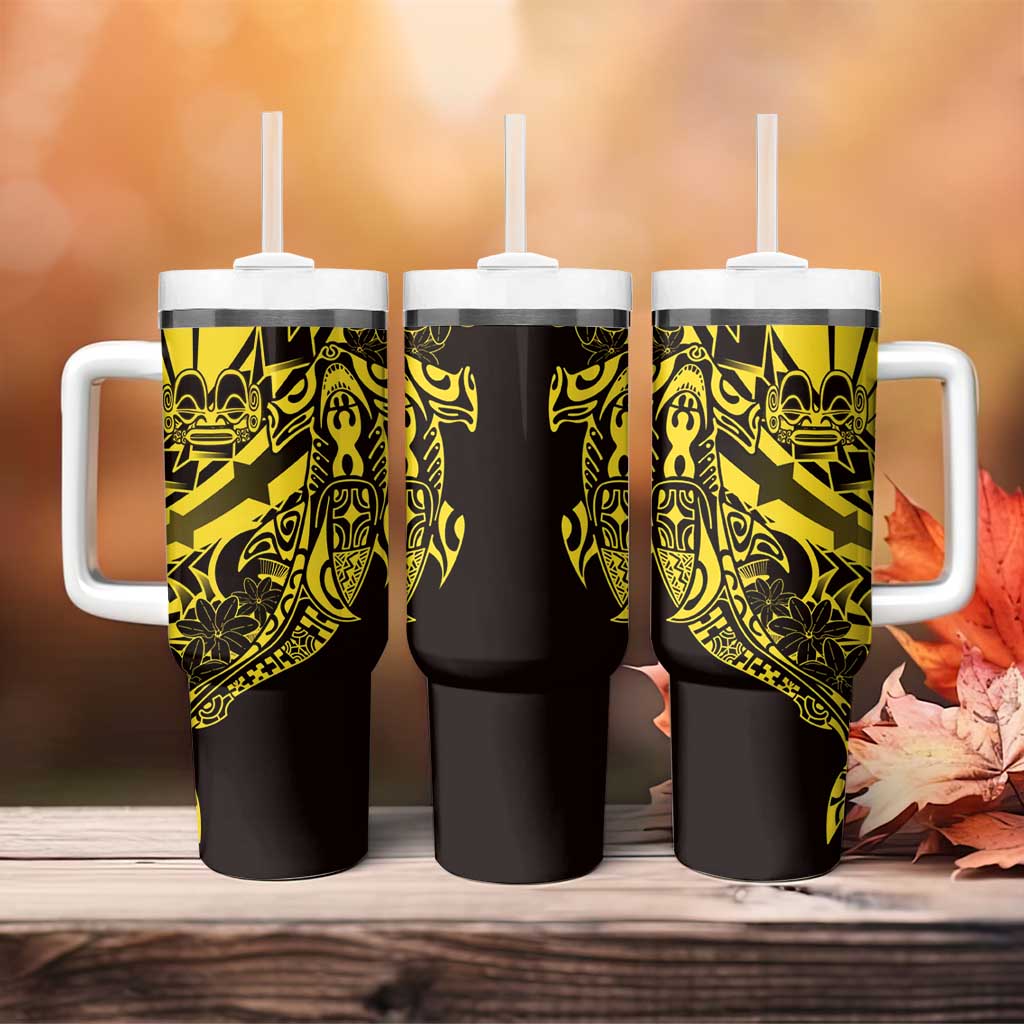 Yellow Marquesas Islands Tumbler With Handle Marquesan Matatiki Hammerhead Shark Patutiki - Polynesian Pride
