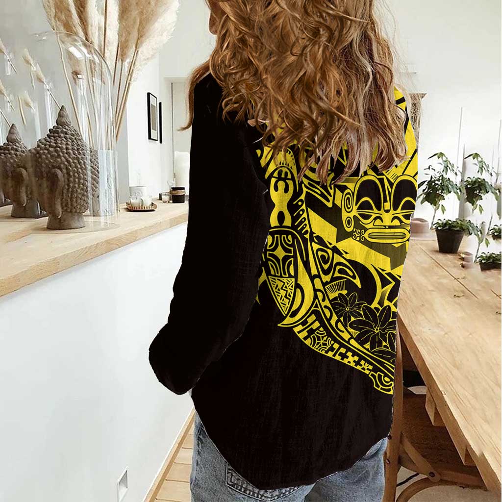 Yellow Marquesas Islands Women Casual Shirt Marquesan Matatiki Hammerhead Shark Patutiki - Polynesian Pride