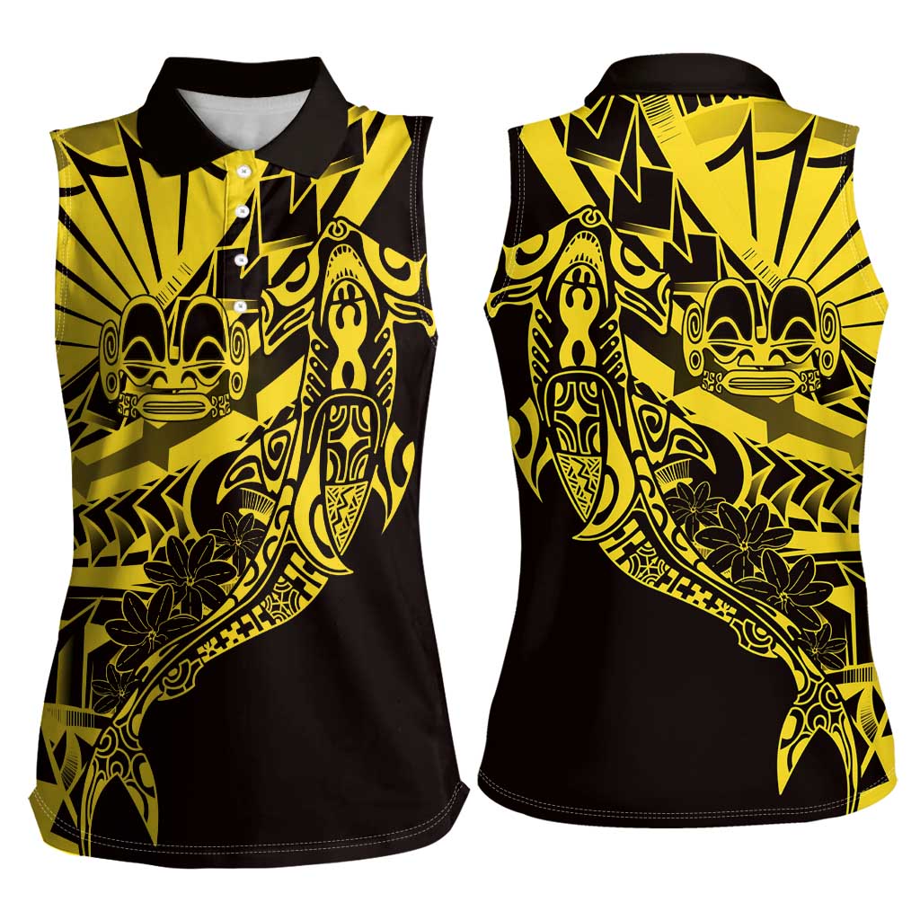 Yellow Marquesas Islands Women Sleeveless Polo Shirt Marquesan Matatiki Hammerhead Shark Patutiki - Polynesian Pride