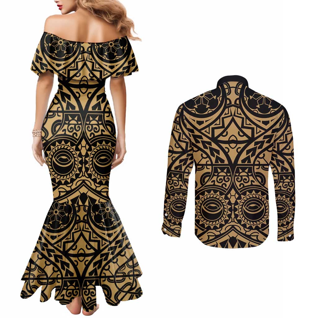Austral Islands Couples Matching Mermaid Dress and Long Sleeve Button Shirt Tuhaa Pae Penu Stars Necklace Gold - Polynesian Pride
