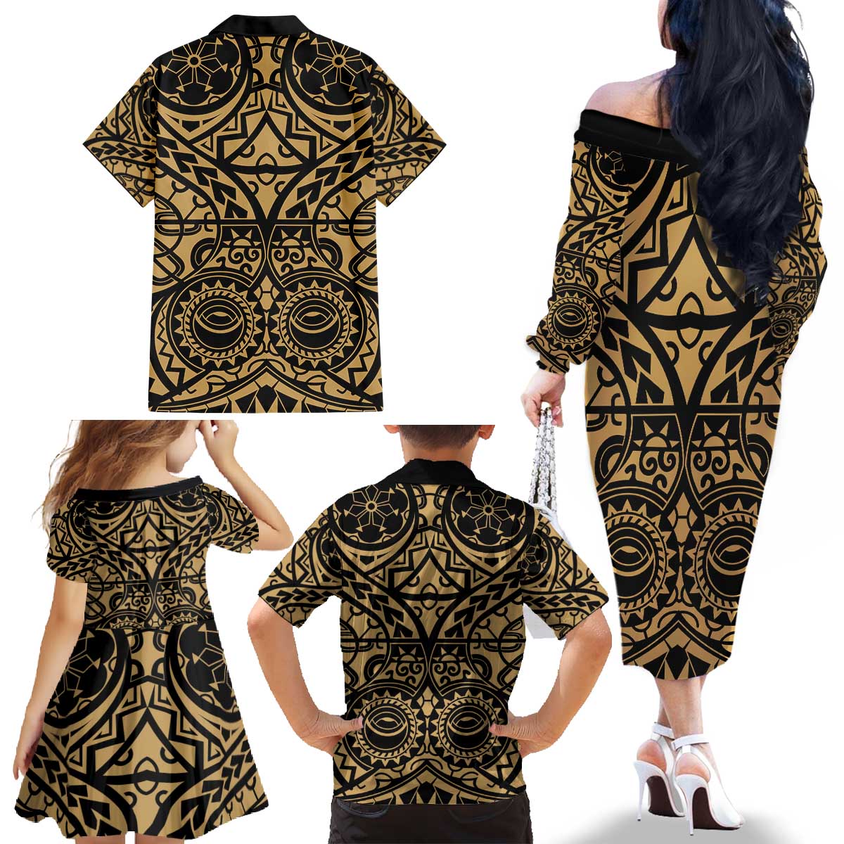 Austral Islands Family Matching Off The Shoulder Long Sleeve Dress and Hawaiian Shirt Tuhaa Pae Penu Stars Necklace Gold LT14 - Polynesian Pride