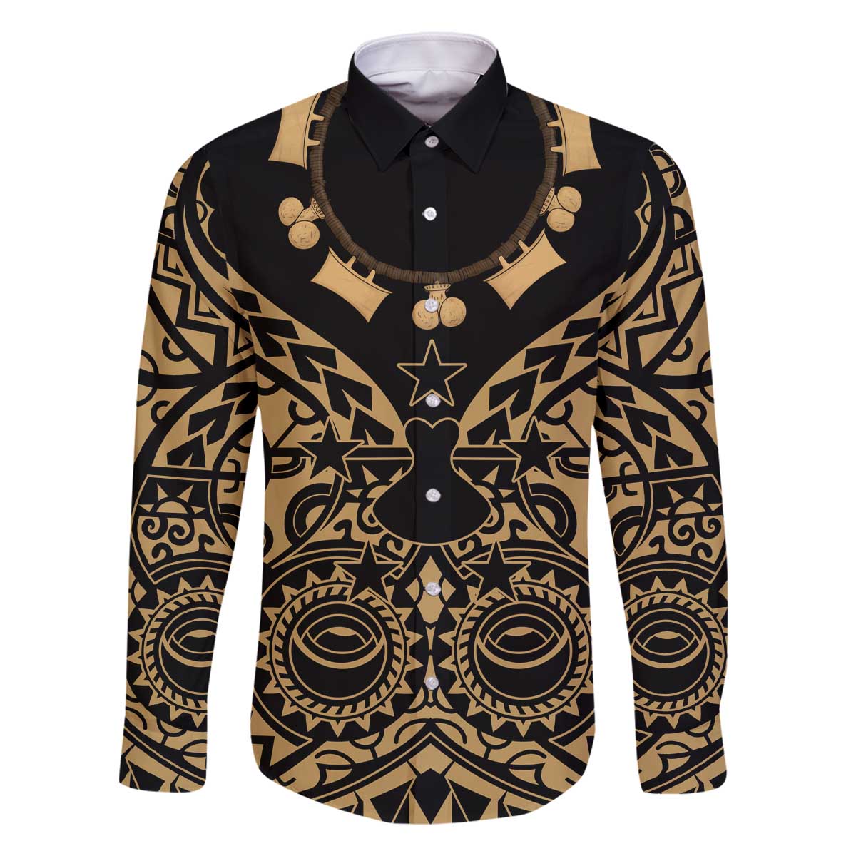 Austral Islands Family Matching Off The Shoulder Long Sleeve Dress and Hawaiian Shirt Tuhaa Pae Penu Stars Necklace Gold LT14 Dad's Shirt - Long Sleeve Gold - Polynesian Pride