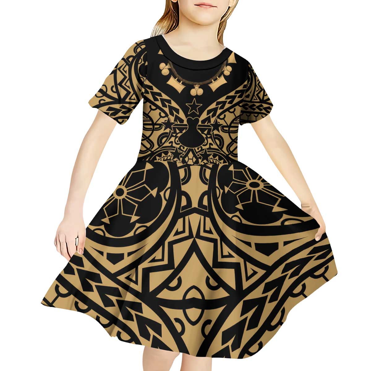 Austral Islands Kid Short Sleeve Dress Tuhaa Pae Penu Stars Necklace Gold - Polynesian Pride