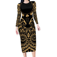 Austral Islands Long Sleeve Bodycon Dress Tuhaa Pae Penu Stars Necklace Gold LT14 Long Dress Gold - Polynesian Pride