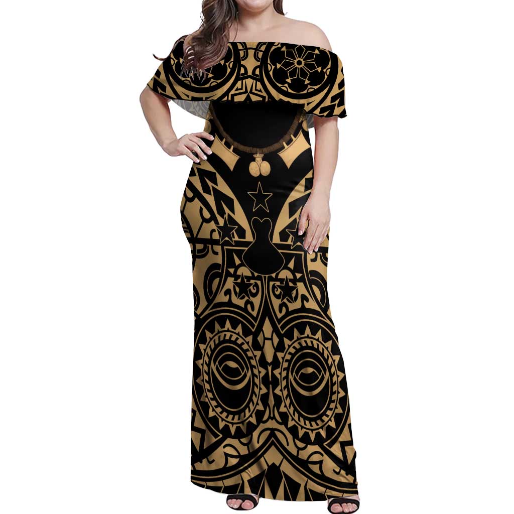 Austral Islands Off Shoulder Maxi Dress Tuhaa Pae Penu Stars Necklace Gold - Polynesian Pride