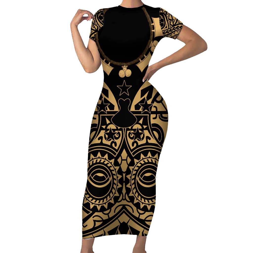 Austral Islands Short Sleeve Bodycon Dress Tuhaa Pae Penu Stars Necklace Gold LT14 Long Dress Gold - Polynesian Pride