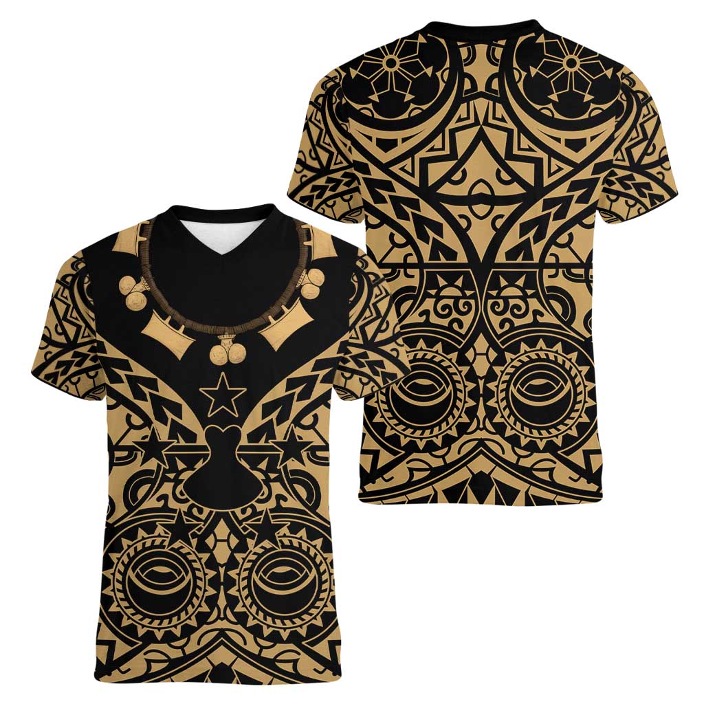 Austral Islands Women V-Neck T-Shirt Tuhaa Pae Penu Stars Necklace Gold LT14 - Polynesian Pride
