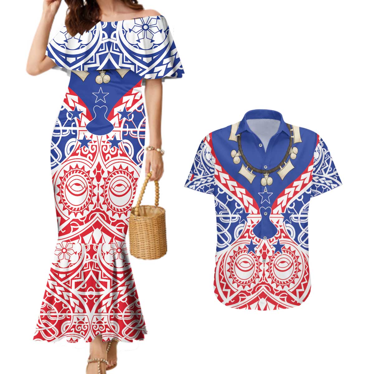 Austral Islands Couples Matching Mermaid Dress and Hawaiian Shirt Tuhaa Pae Penu Stars Necklace Red LT14 Red - Polynesian Pride