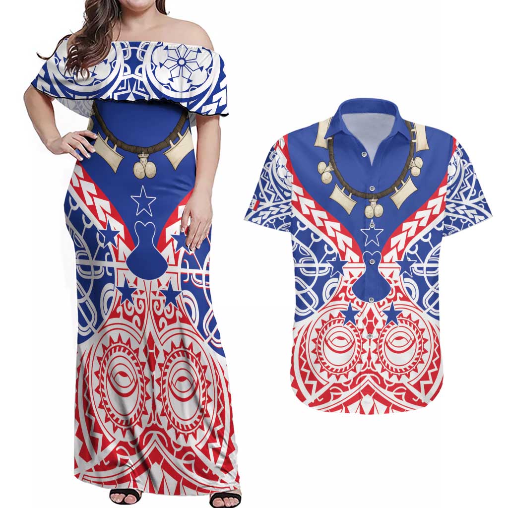 Austral Islands Couples Matching Off Shoulder Maxi Dress and Hawaiian Shirt Tuhaa Pae Penu Stars Necklace Red LT14 Red - Polynesian Pride