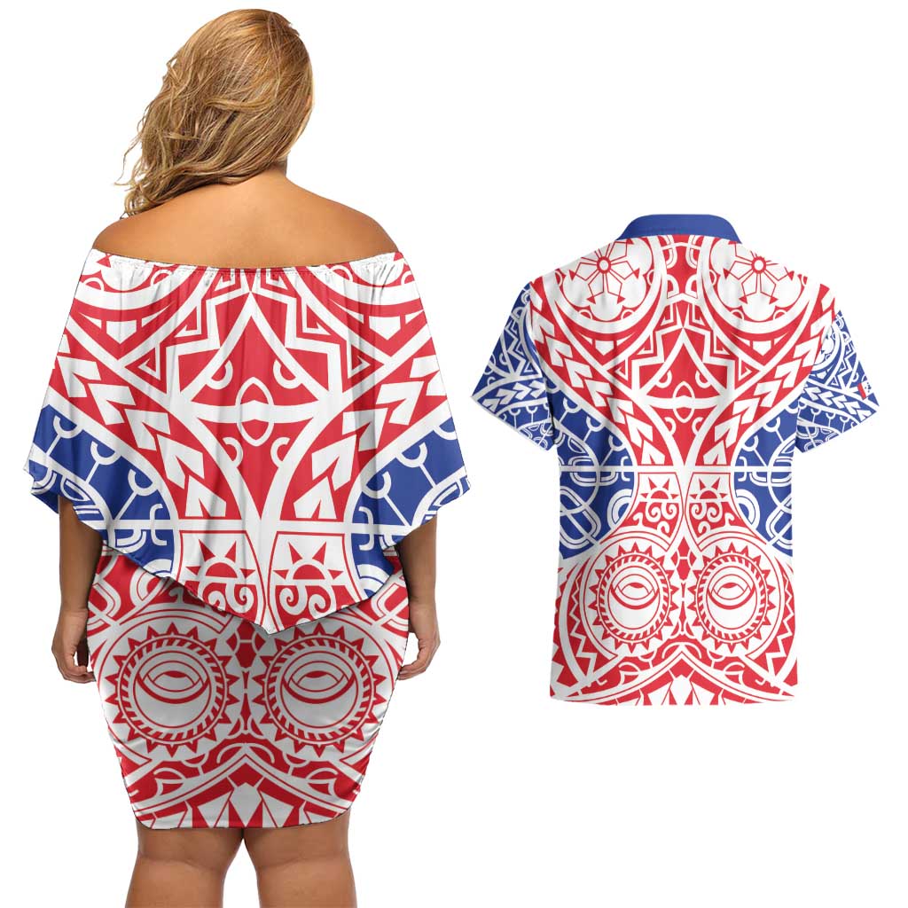 Austral Islands Couples Matching Off Shoulder Short Dress and Hawaiian Shirt Tuhaa Pae Penu Stars Necklace Red LT14 - Polynesian Pride