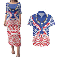 Austral Islands Couples Matching Puletasi and Hawaiian Shirt Tuhaa Pae Penu Stars Necklace Red LT14 Red - Polynesian Pride