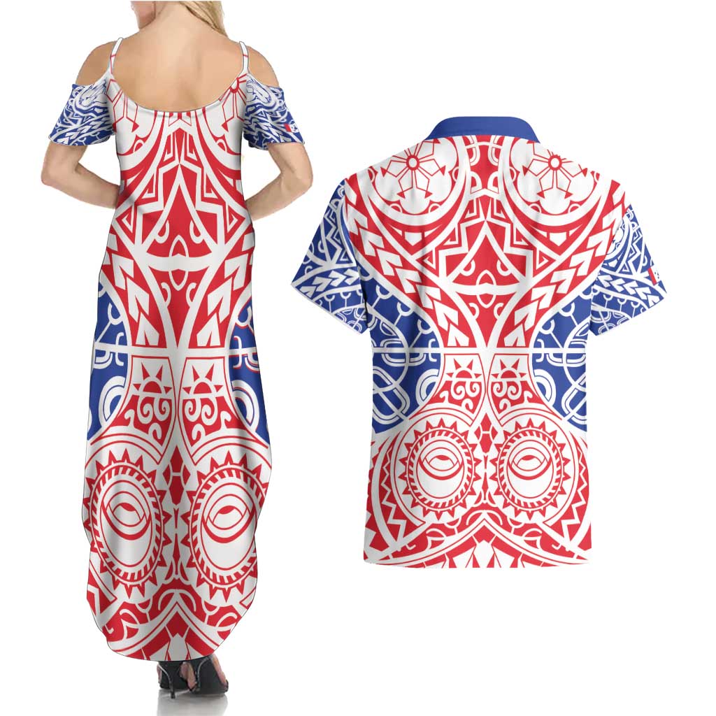 Austral Islands Couples Matching Summer Maxi Dress and Hawaiian Shirt Tuhaa Pae Penu Stars Necklace Red LT14 - Polynesian Pride