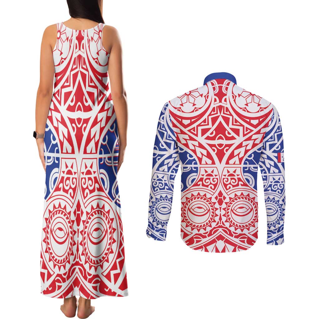 Austral Islands Couples Matching Tank Maxi Dress and Long Sleeve Button Shirt Tuhaa Pae Penu Stars Necklace Red - Polynesian Pride
