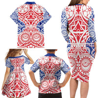 Austral Islands Family Matching Long Sleeve Bodycon Dress and Hawaiian Shirt Tuhaa Pae Penu Stars Necklace Red - Polynesian Pride