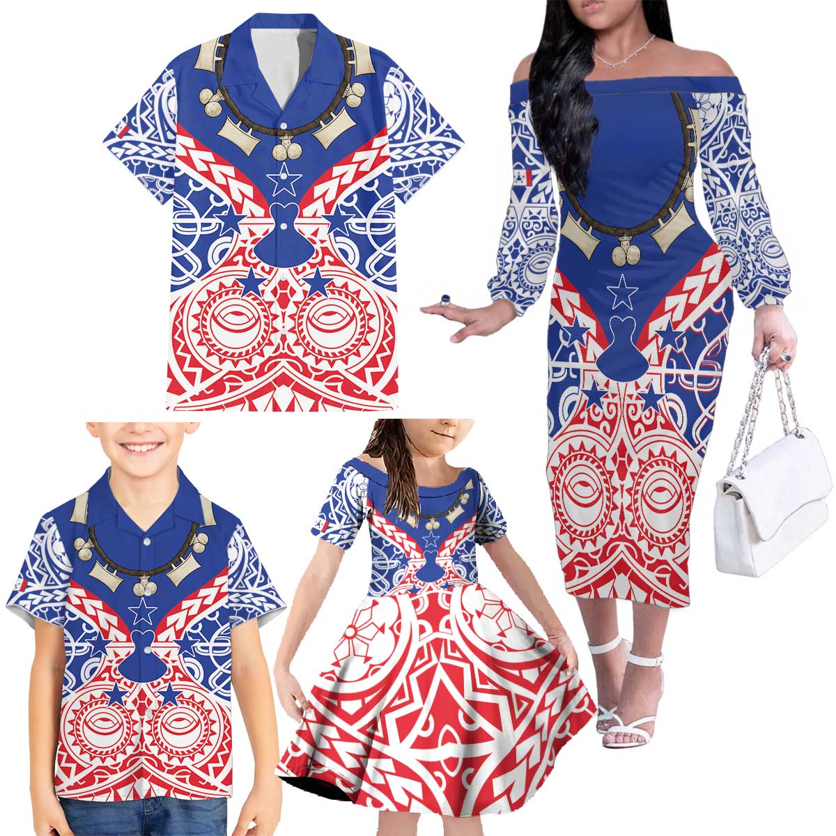 Austral Islands Family Matching Off The Shoulder Long Sleeve Dress and Hawaiian Shirt Tuhaa Pae Penu Stars Necklace Red LT14 - Polynesian Pride