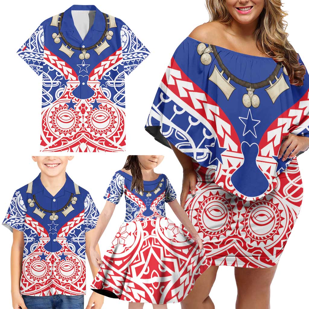 Austral Islands Family Matching Off Shoulder Short Dress and Hawaiian Shirt Tuhaa Pae Penu Stars Necklace Red - Polynesian Pride