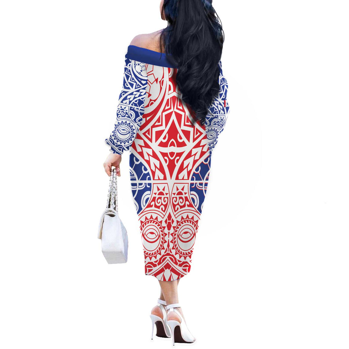 Austral Islands Off The Shoulder Long Sleeve Dress Tuhaa Pae Penu Stars Necklace Red LT14 - Polynesian Pride