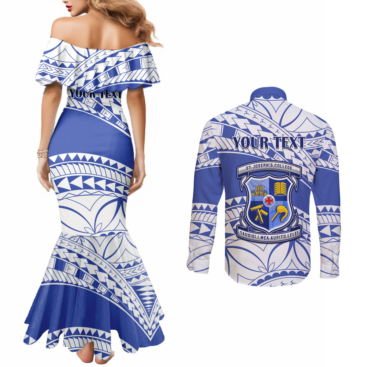 Personalised Samoa St Josephs College Couples Matching Mermaid Dress and Long Sleeve Button Shirt Marist Brothers Samoan Pattern LT14 - Polynesian Pride