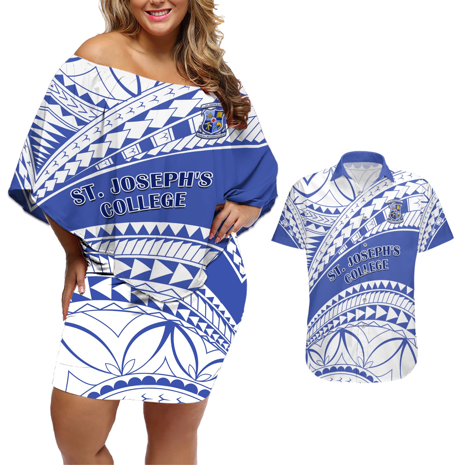 Personalised Samoa St Josephs College Couples Matching Off Shoulder Short Dress and Hawaiian Shirt Marist Brothers Samoan Pattern LT14 Blue - Polynesian Pride