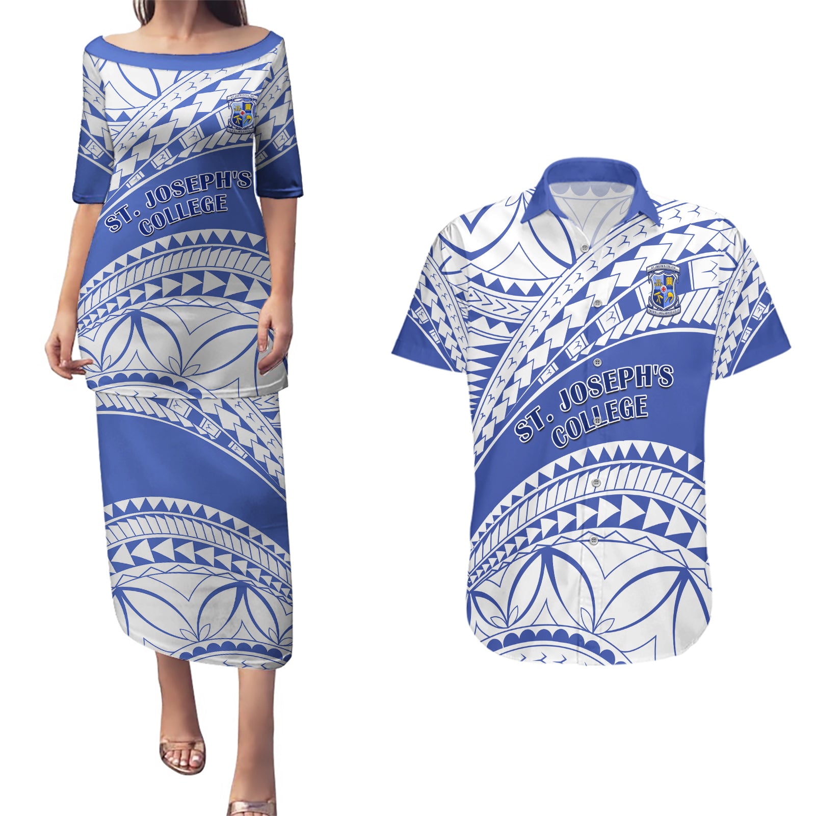 Personalised Samoa St Josephs College Couples Matching Puletasi Dress and Hawaiian Shirt Marist Brothers Samoan Pattern LT14 Blue - Polynesian Pride
