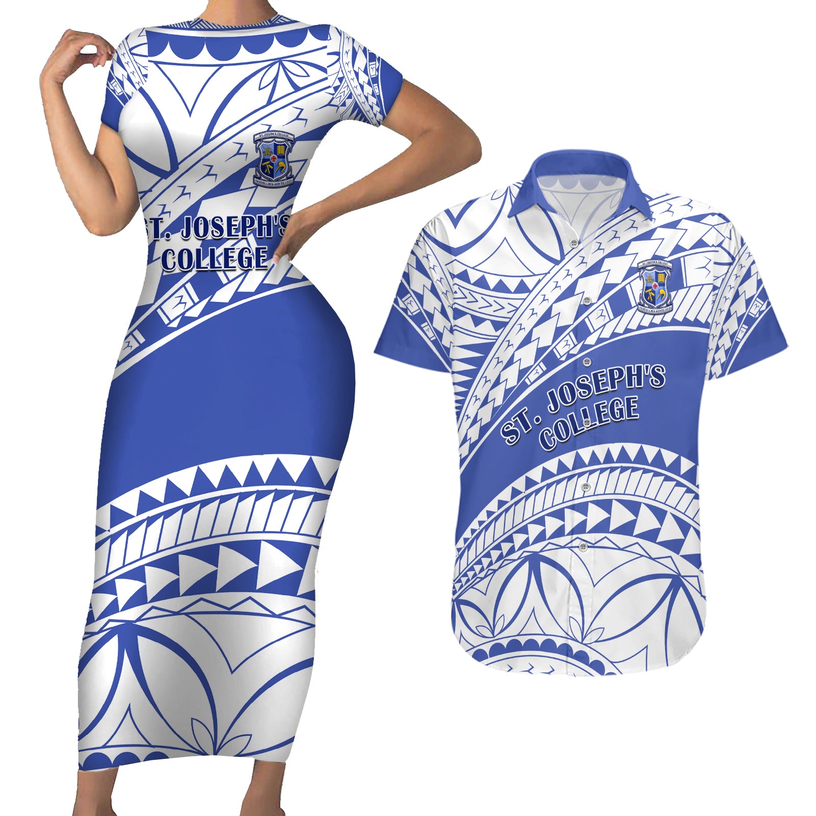 Personalised Samoa St Josephs College Couples Matching Short Sleeve Bodycon Dress and Hawaiian Shirt Marist Brothers Samoan Pattern LT14 Blue - Polynesian Pride