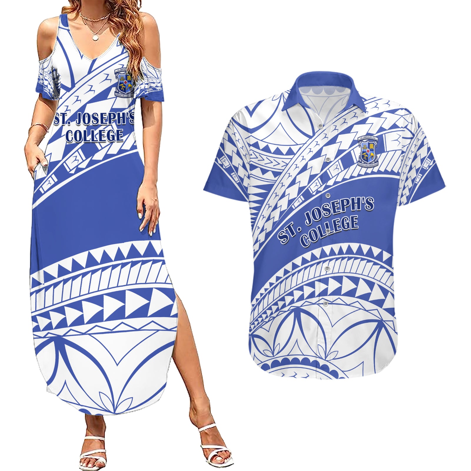 Personalised Samoa St Josephs College Couples Matching Summer Maxi Dress and Hawaiian Shirt Marist Brothers Samoan Pattern LT14 Blue - Polynesian Pride