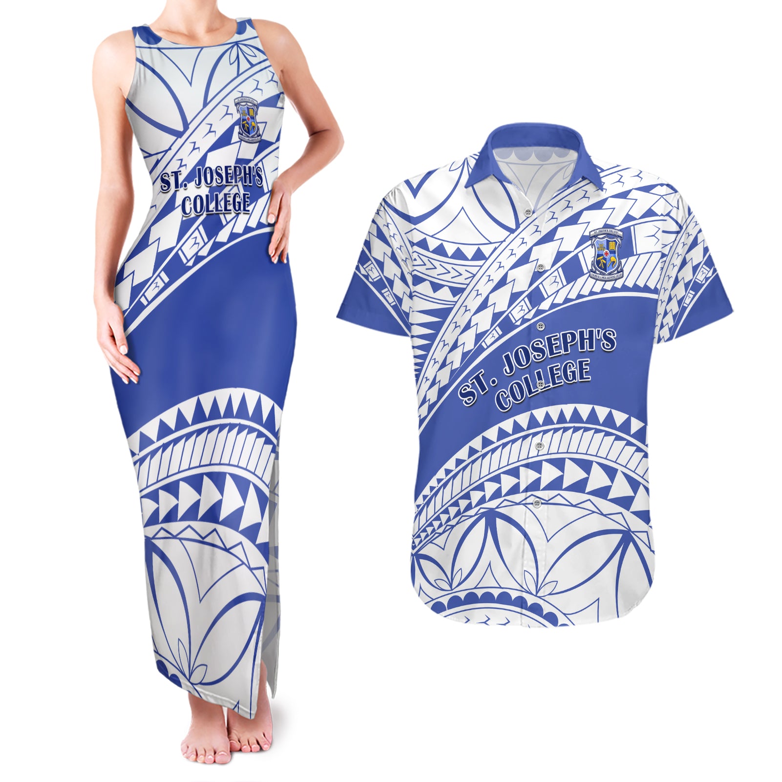 Personalised Samoa St Josephs College Couples Matching Tank Maxi Dress and Hawaiian Shirt Marist Brothers Samoan Pattern LT14 Blue - Polynesian Pride