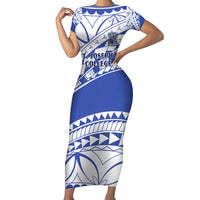 Personalised Samoa St Josephs College Short Sleeve Bodycon Dress Marist Brothers Samoan Pattern LT14 Long Dress Blue - Polynesian Pride
