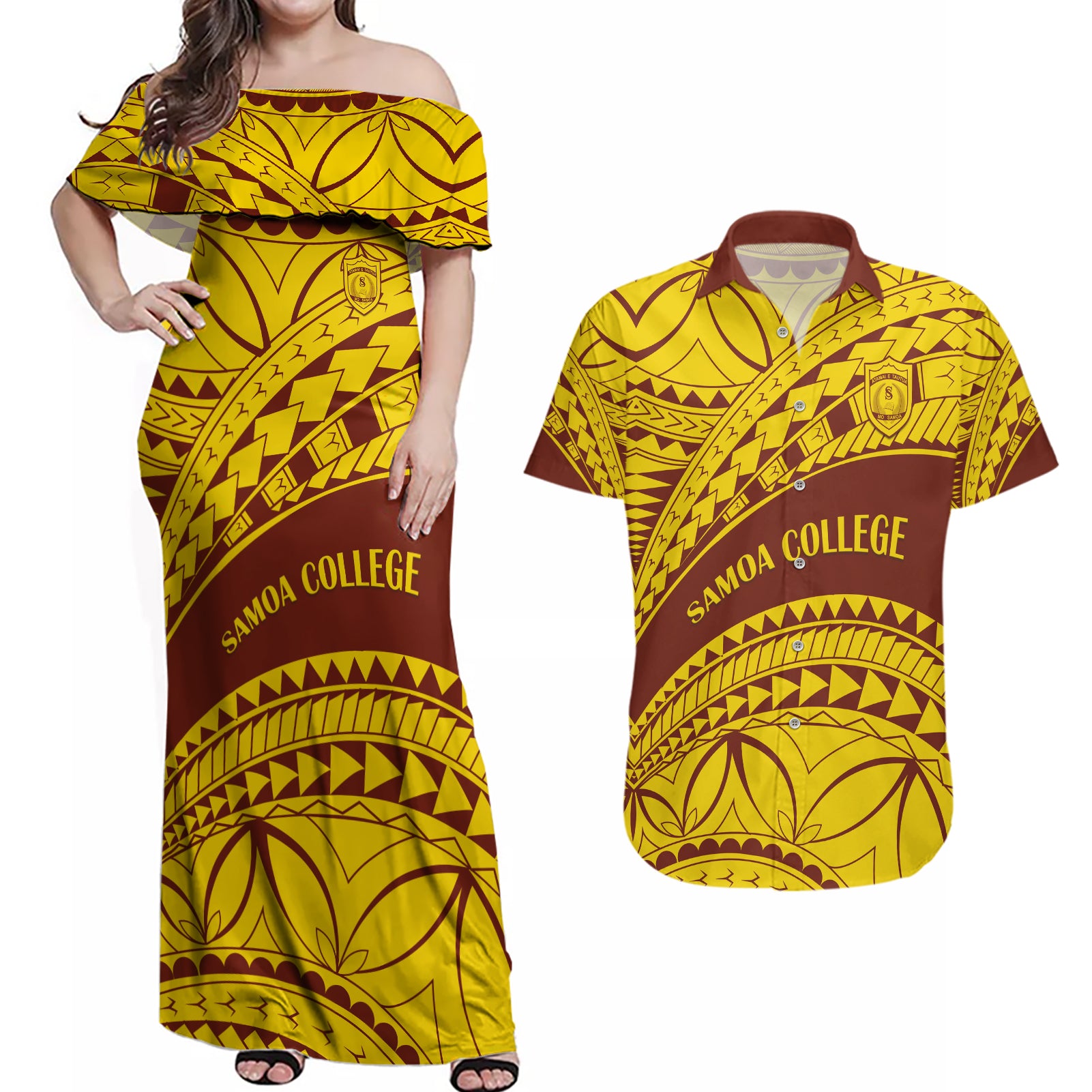 Personalised Samoa College Couples Matching Off Shoulder Maxi Dress and Hawaiian Shirt Samoan Pattern LT14 Gold - Polynesian Pride