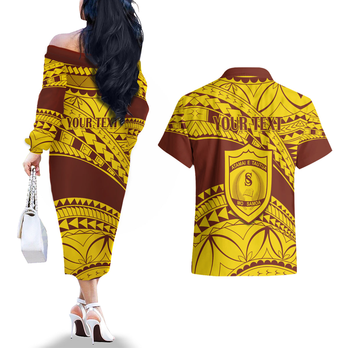 Personalised Samoa College Couples Matching Off The Shoulder Long Sleeve Dress and Hawaiian Shirt Samoan Pattern LT14 - Polynesian Pride