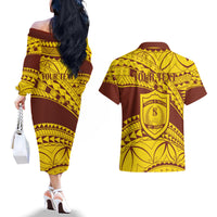 Personalised Samoa College Couples Matching Off The Shoulder Long Sleeve Dress and Hawaiian Shirt Samoan Pattern LT14 - Polynesian Pride