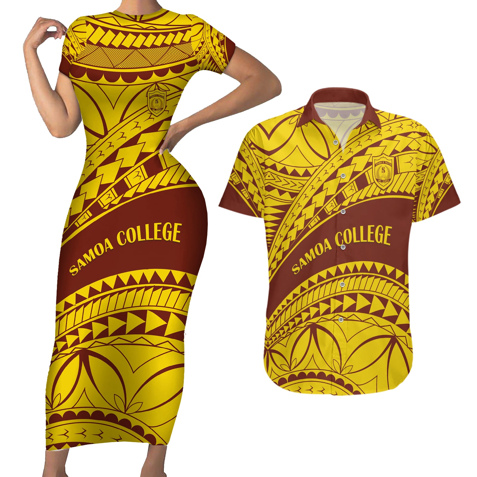 Personalised Samoa College Couples Matching Short Sleeve Bodycon Dress and Hawaiian Shirt Samoan Pattern LT14 Gold - Polynesian Pride