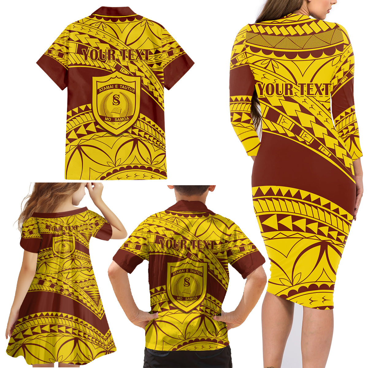 Personalised Samoa College Family Matching Long Sleeve Bodycon Dress and Hawaiian Shirt Samoan Pattern LT14 - Polynesian Pride